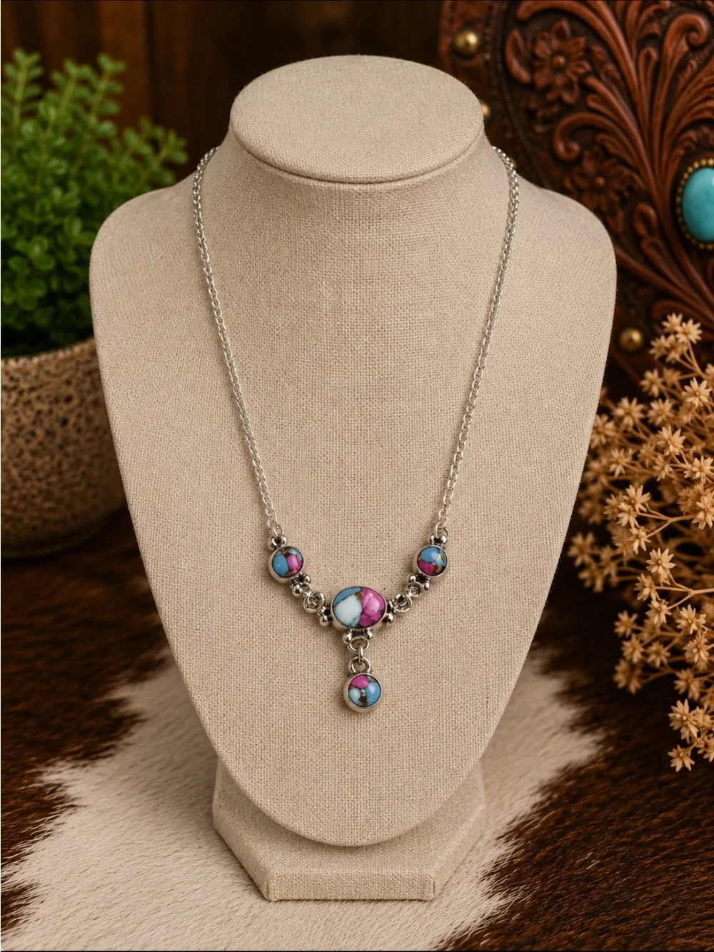 Cotton Candy Pink & Turquoise Round Stone Drop Necklace